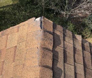 Close-up of roof damage with missing ridge cap shingles, a defect caught during a roof inspection in Culpeper, VA.