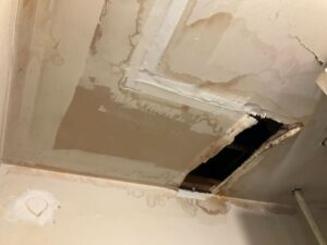 Active ceiling water damage, heavy staining, and drywall deterioration discovered during a home plumbing inspection in Culpeper, VA.